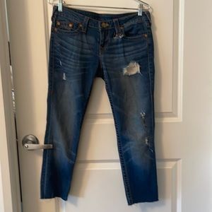True religion size 29, distressed skinny jeans, inseam, 25 whole at belt loop